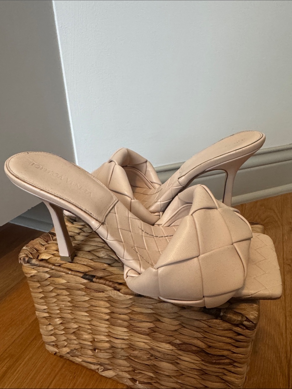 Bottega Veneta Blush Padded Intrecciato Square-Toe Stiletto Mule - Lido Mule